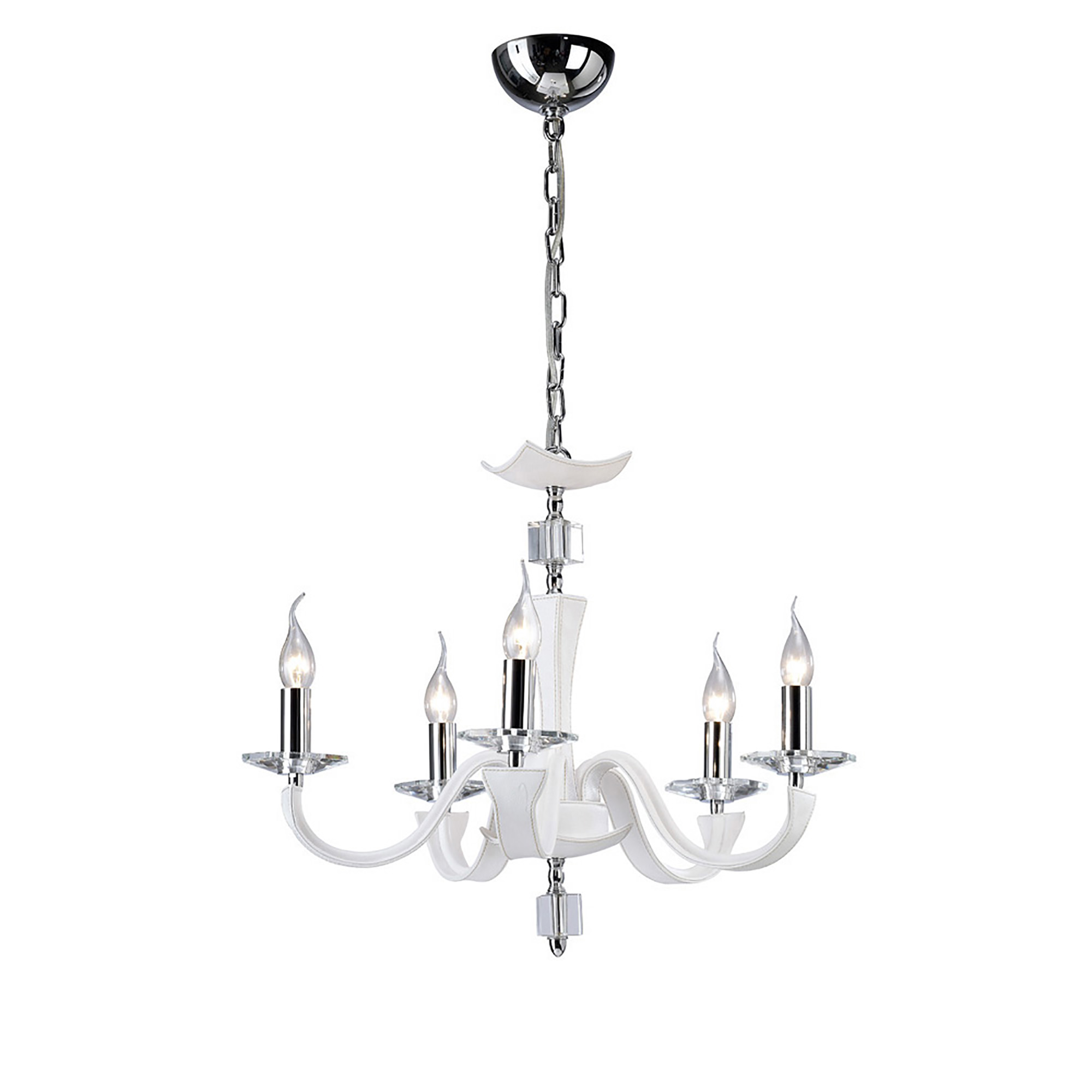 IL31025   Nardini 60cm Pendant 5 Light E14 Polished Chrome/White Faux Leather/Crystal